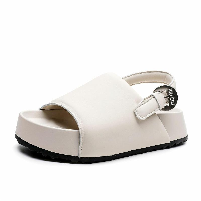 

Fashion 5CM Platform Sandals Women 2025 New Summer Buckle Strap Genuine Sheepskin Leather Back Strap Thick Sole Wedges Open Toe Sandals 40 бежевый