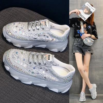 Frauen Plattform Turnschuhe 2024 Herbst Strass Pailletten Lace-up Casual Sport Laufschuhe Femme Atmungsaktive Schuhe Zapatos Mujer