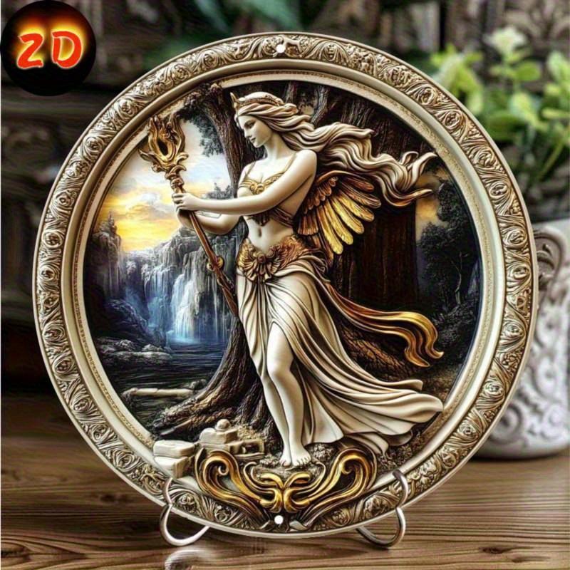 2D ploché 20*20cm Héra Bohyně Kruhové Retro Dřevěné Nástěnné Umění, Elegantní Domácí a Kancelářská Dekorace s Ideální pro Nový Rok