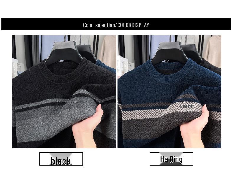 Winter Men's Plus Velvet Striped Round Neck Knit Sweater: Thick, Casual, Fashionable Trend.