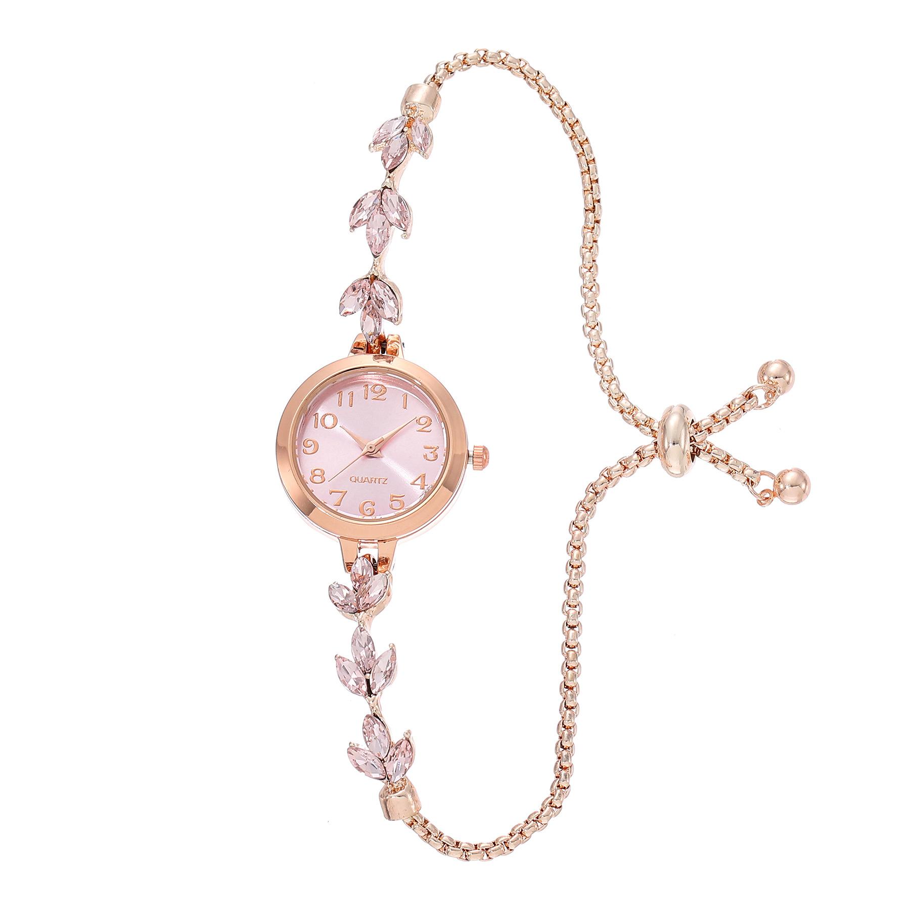New Fashion Heart-shaped Ribbon-Strap Diamond-Studded Flower Watch for Women with Adjustable Bracelet розовый