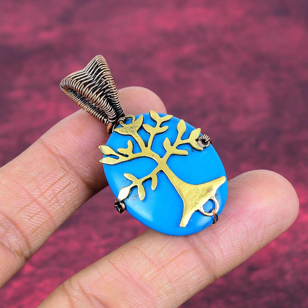 Tree Of Life Sleeping Beauty Turquoise Pendant Copper Wire Wrapped Gemstone Pendant Handmade Jewelry