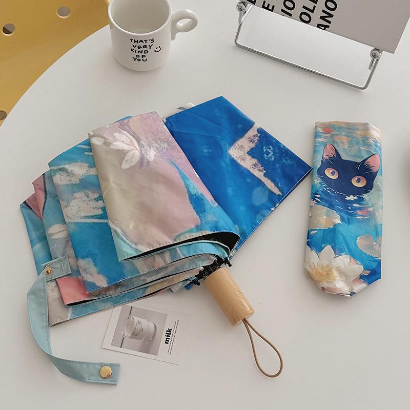 

Милый автоматический складной зонт с рисунком кошки, 8 спиц, защита от УФ-лучей, портативный, дорожный, компактный дизайн для солнечных и дождливых дней, солнцезащитный