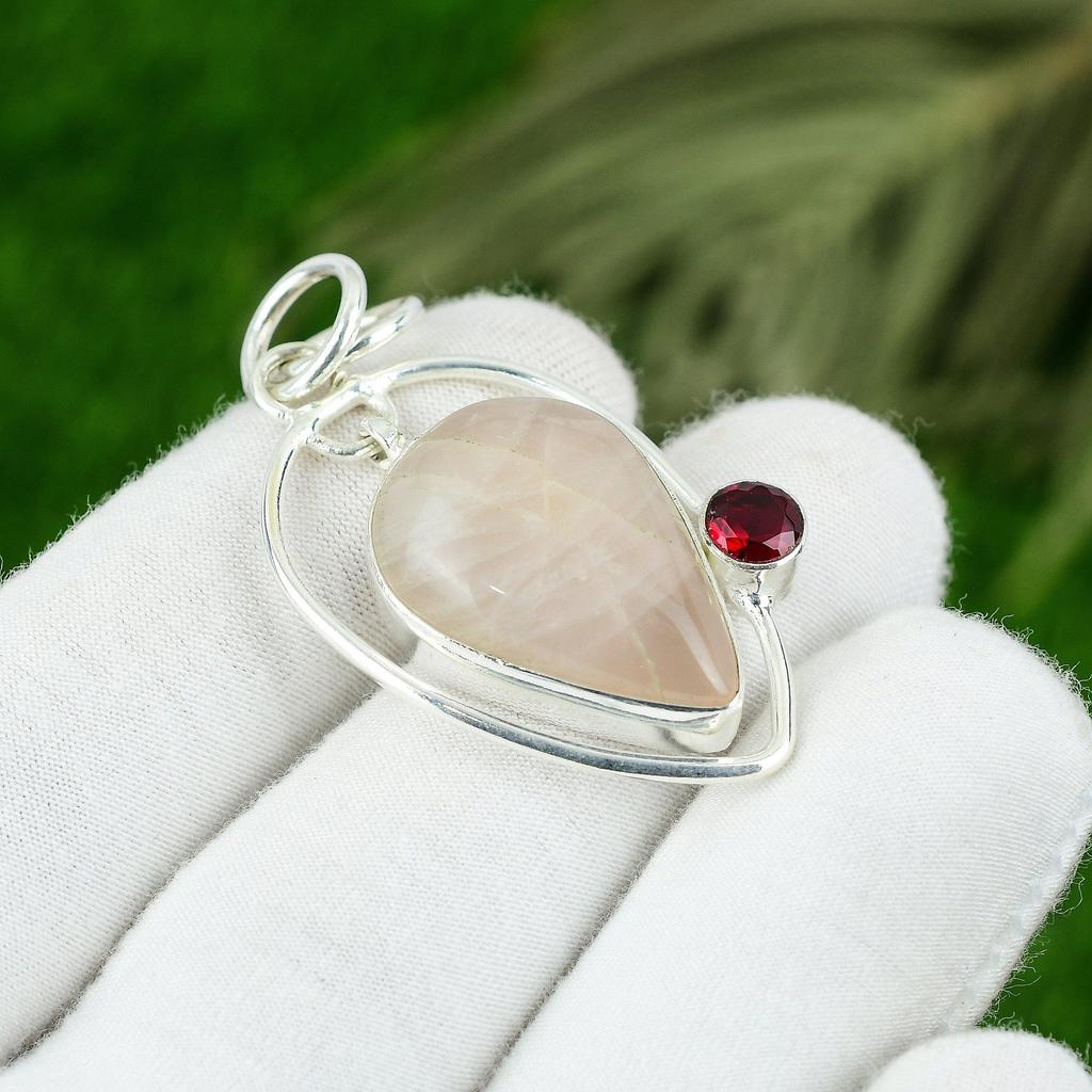 925 Silver Pear Rose Quartz Stone Rubillite Heart Chakra Wife Pendant Jewelry