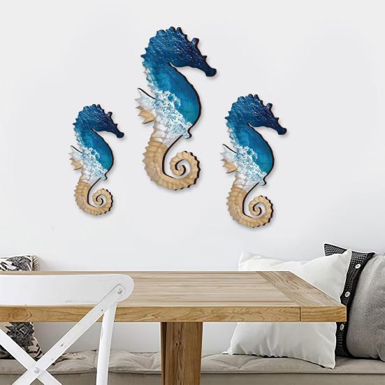 3 Pcs Wood Seahorse Nautical Wall Decor Vintage Sea Life Wall Art Ocean Coastal Lake House Hanging Decoration for Living Room Bedroom