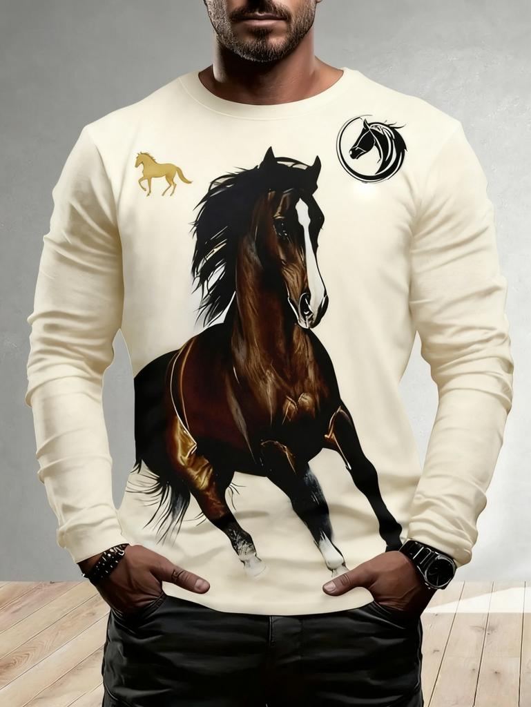 Men's T-Shirt Running Horse Graphic 3D Print Fashion Long Sleeve Crew Neck Unisex Tee Shirt Casual Summer Personality Men's Top