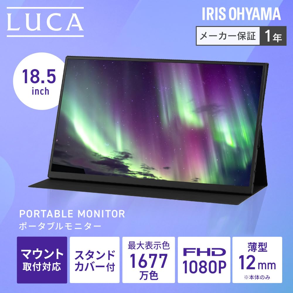 Iris Ohyama Portable Slim Black Monitor, 18.5-inch FHD, Design, Compact, Non-Glossy, 60Hz, DP-EF184S-B,