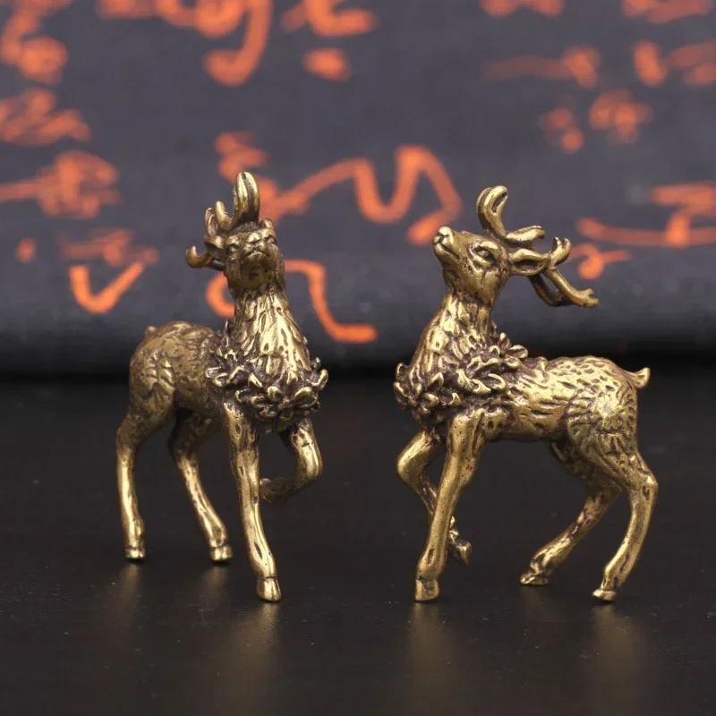 2PCS New Vintage Pure Copper Deer Ornaments A Pair of Solid Brass Sika Deer Elk Living Room Ornaments Home Decoration