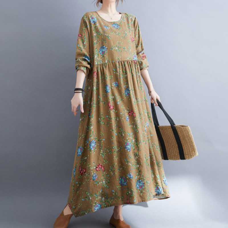 

New Literary Plus Size Printed Long Sleeve Ethnic Style Dresses 2XL