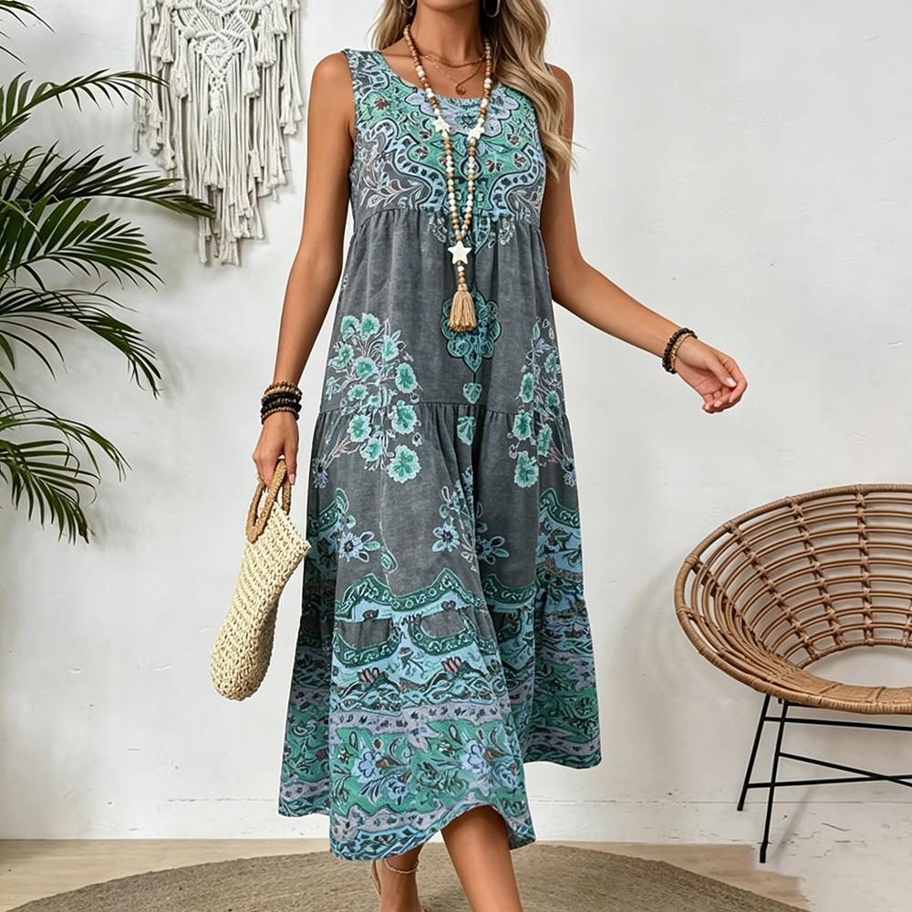 Women's Vintage Boho Floral Print Sleeveless Tiered Midi Dress, Casual Loose Swing Dress for Summer Vacation