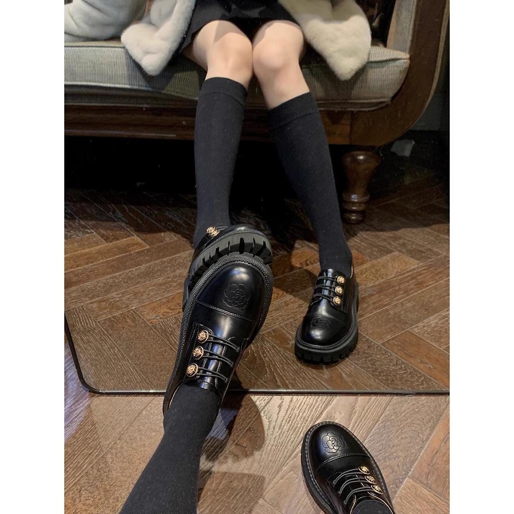 High-end cowhide version~ Hepburn retro platform single shoes thick heel embroidered loafer small leather shoes women's autumn and winter