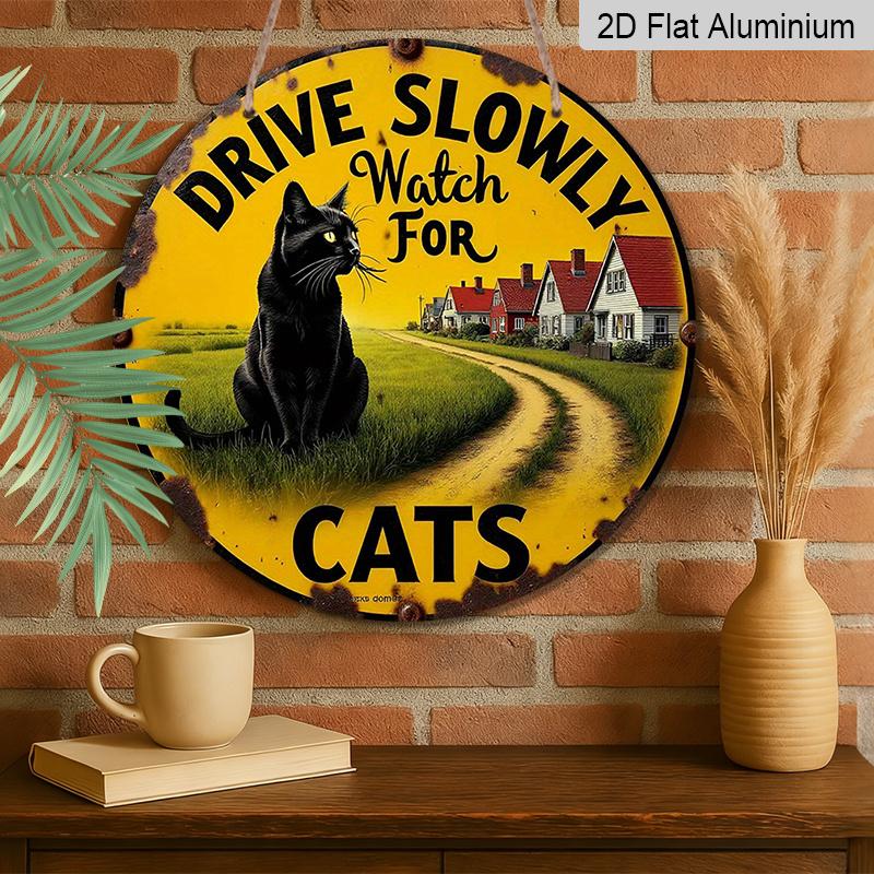 2D Flat, 1pc Vintage Cat Warning Sign - Drive Slowly Watch for Cats - Aluminum Metal Plaque - Retro Farmhouse Decor - Black & Yellow Safety