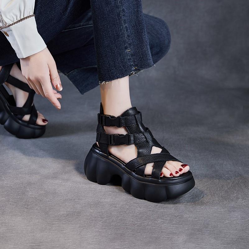 Johnature Natūralios odos sandalai storais padais, aukštinantys, storakulniai, romaniško stiliaus platforminiai moteriški batai