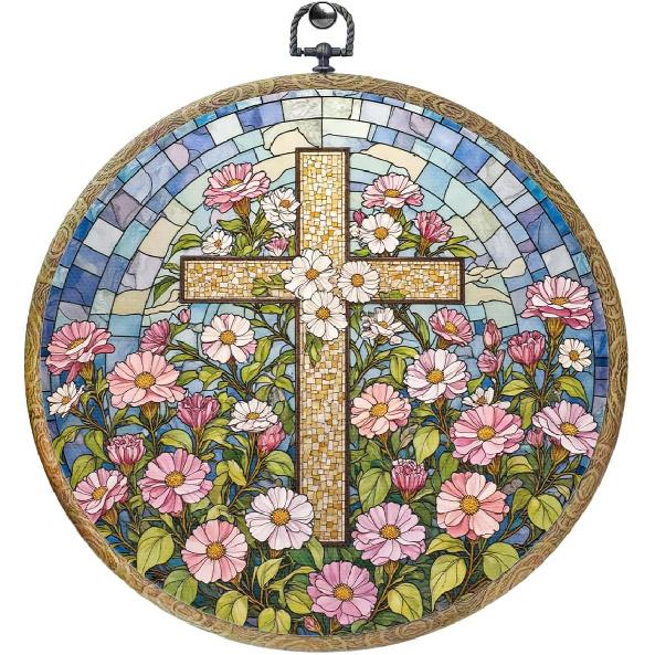 piratonal Wildflower Cross Faith Christian Gifts for Women Men Religious Gifts Framed Round Wall Decor Canvas Wall Art Hanging Prints Artwork for