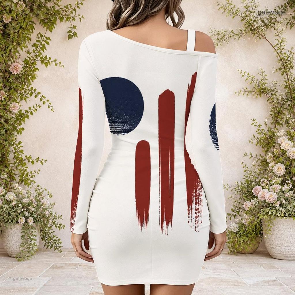 Women Plus Size One Shoulder Long Sleeve Star Stripe Printed Bodycon Mini Dress