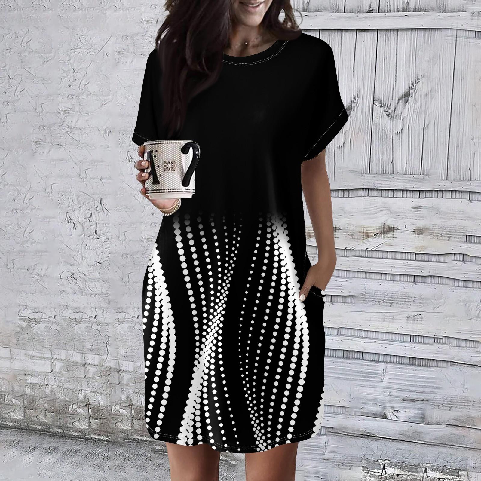 

Жіноча сукня з круглим вирізом і короткими рукавами, повсякденні літні сукні-туніки Вільна сукня з кишенею XXL