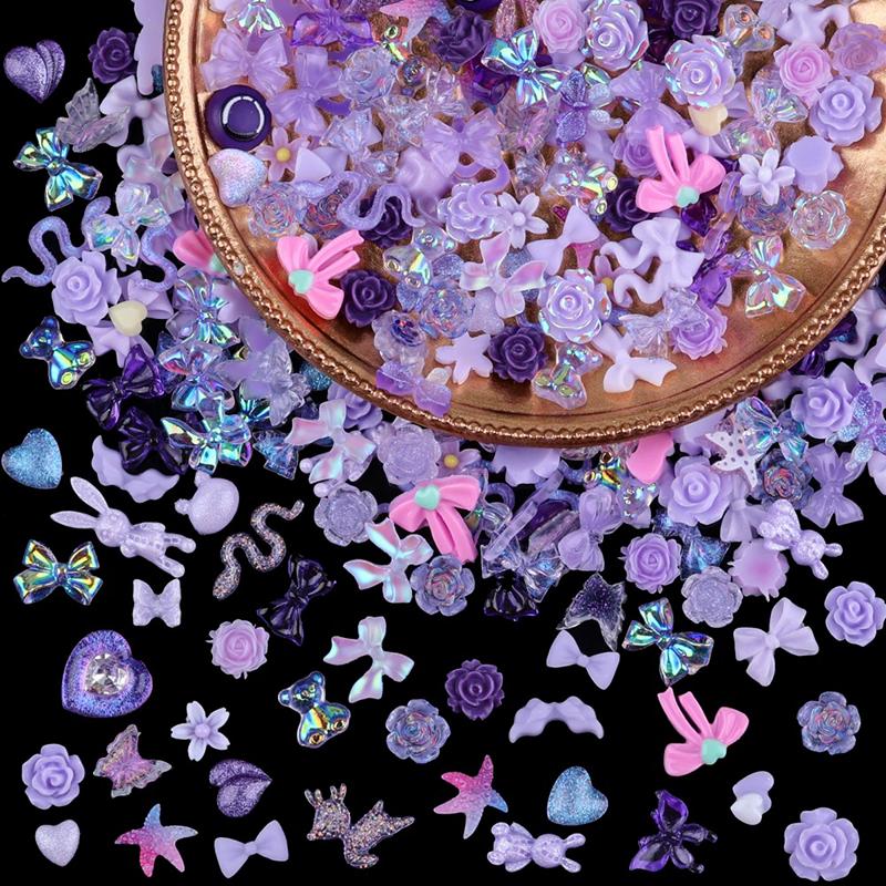WTEMPO 200 Pieces 3D Mix Assorted Resin Nail Charms Hollow Pearl Heart Nail Art Charms Gems Gummy Bear Star Heart Flowers Acrylic Beads