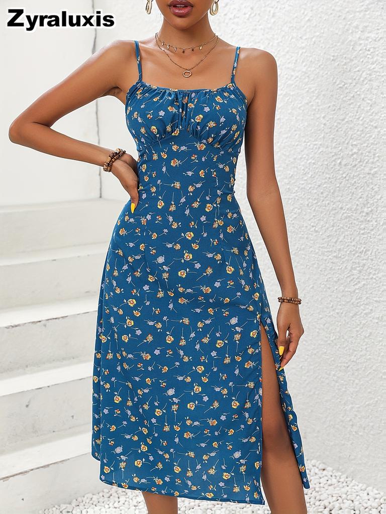 Trendy Summer New Dress Imported Sexy Halter Slit Floral Sundress