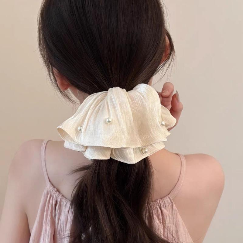 Übergroße Haargummis mit plissiertem Mesh und Perlendetail, Zopfgummi, modische Haaraccessoires für den täglichen Gebrauch