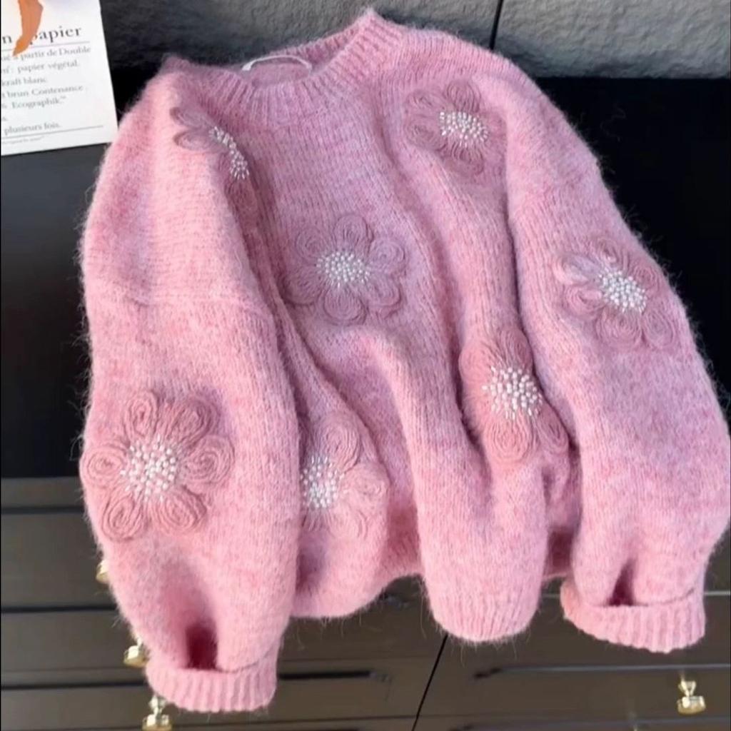 Women Nail Bead 3D Flower Sweater Sweet Ladies Round Neck Knitted Sweaters Autumn Loose Gentle Fashionable Woman's Pullover Top