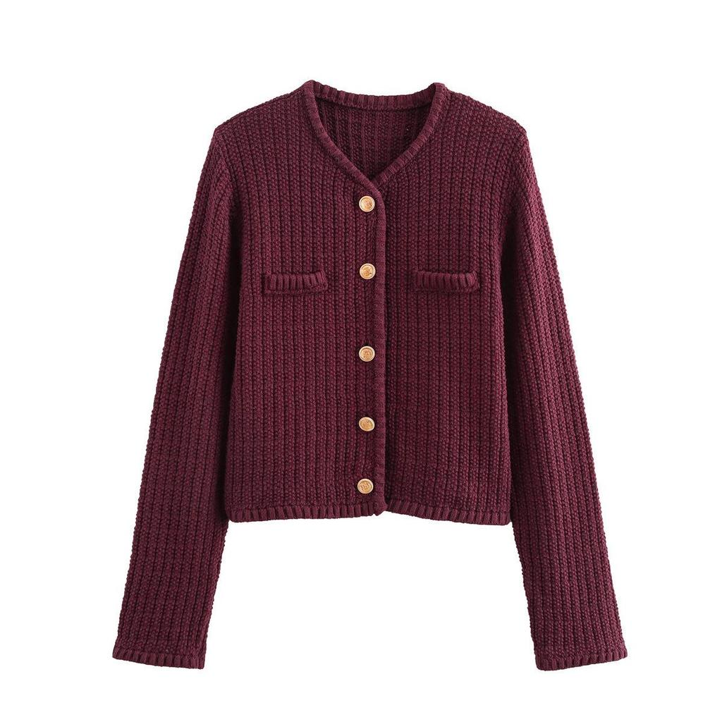European & American Women's Textured Single-Breasted Knit Long Sleeve Street Fashion Top