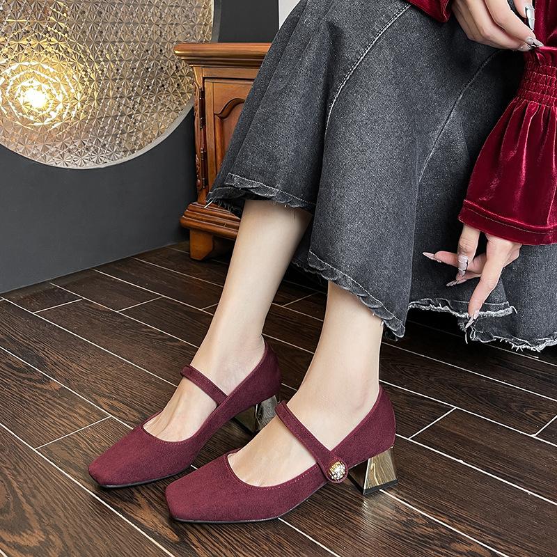 Limited~ Retro Square Head Metal Thick Heel Shallow Mouth Single Shoes Women's Mary Jane Shoes Sheepskin Simple