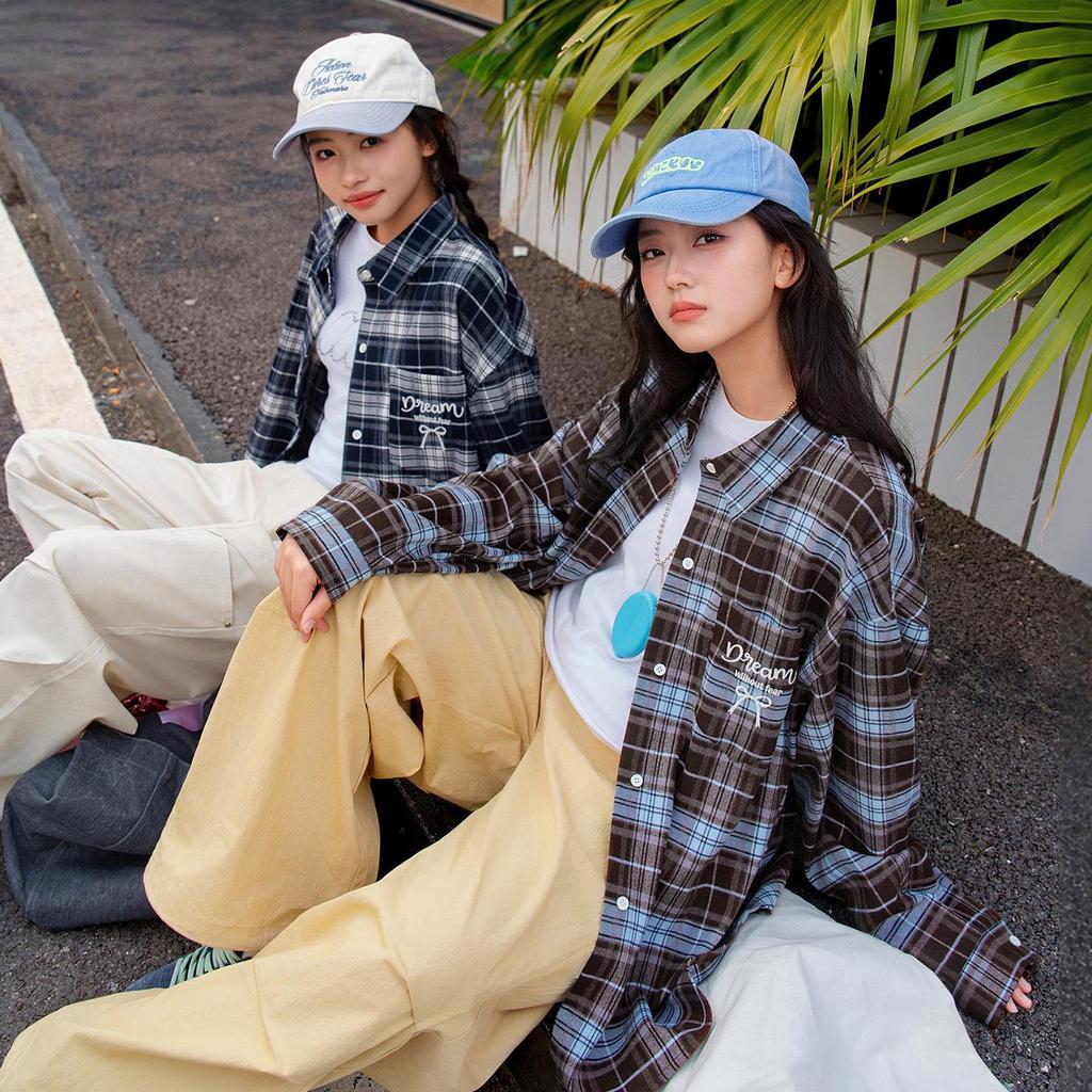 Girls' Retro Plaid Long Sleeve Shirt for Teens - Spring/Autumn Loose Fit