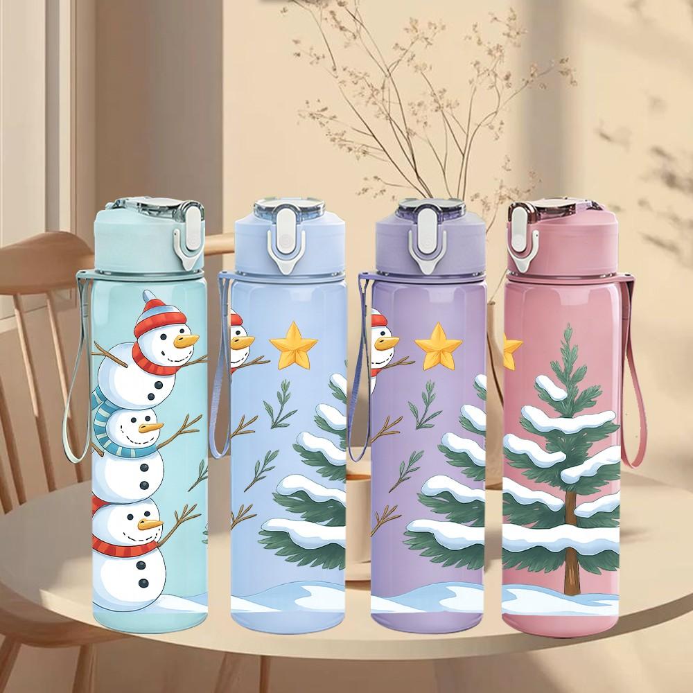 1PC Snowman Pine Winter Scene 750ml Color Plastic Sports Water Bottle Leakproof Flip Straw Lid Suitable for Sports Office Home Use