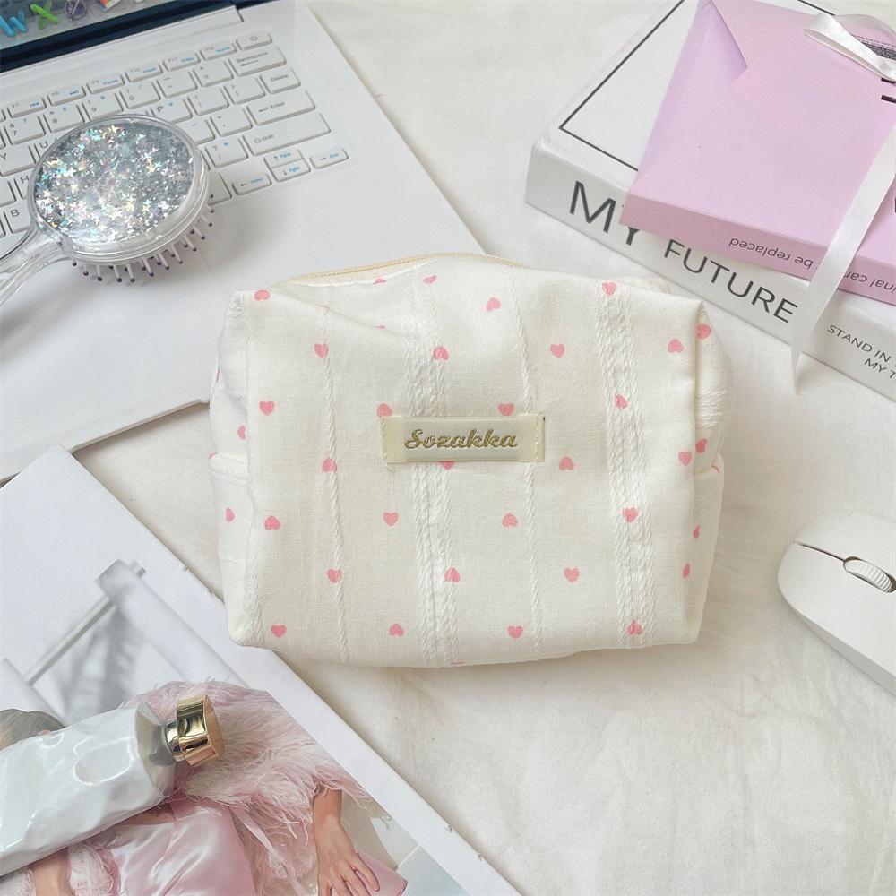 

Cute Striped Heart Canvas Makeup Bag Women Zipper Cosmetic Organizer Female Cloth Handbag Portable Toiletry Case for Girls