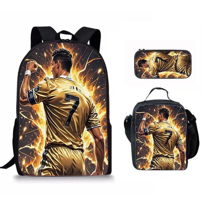 Sac à dos imprimé joueur de football Sac repas trois pièces Trousse à crayons Cartable étudiant grande capacité Three piece set