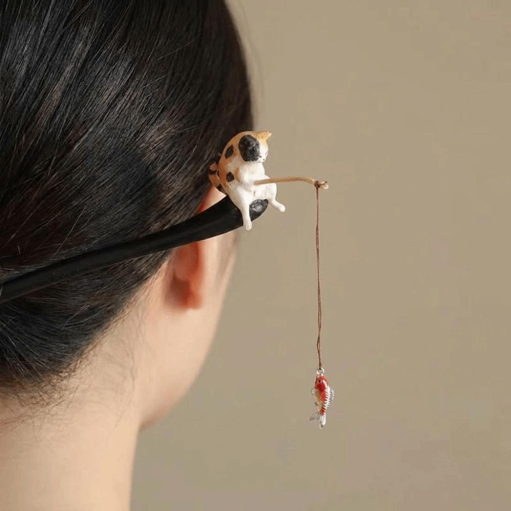 Chinese Style Cat Fishing Hair Stick Black Sandalwood Hanfu Hairpin Antique Wooden Hair Stick  Girl
