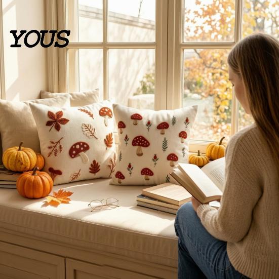 Autumn Theme Home Accents Embroidered Pillowcase, Mushroom Leaf Throw Pillow Cover, 18"x18" 20"x12" Seasonal Fall Cover Farmhouse for Sofa Bedroom