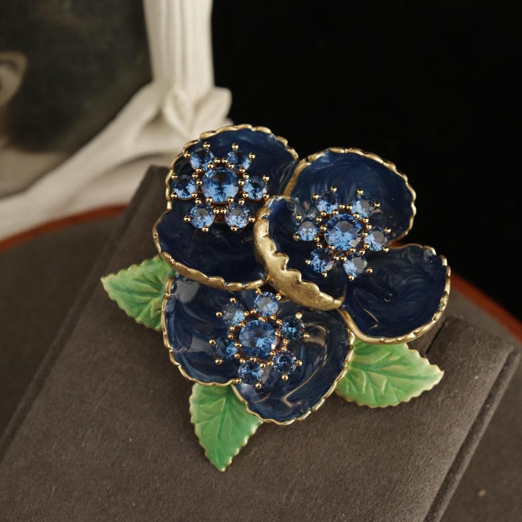 Blue Drip Enamel Cloisonné Flower Brooch and Ear Clip Set