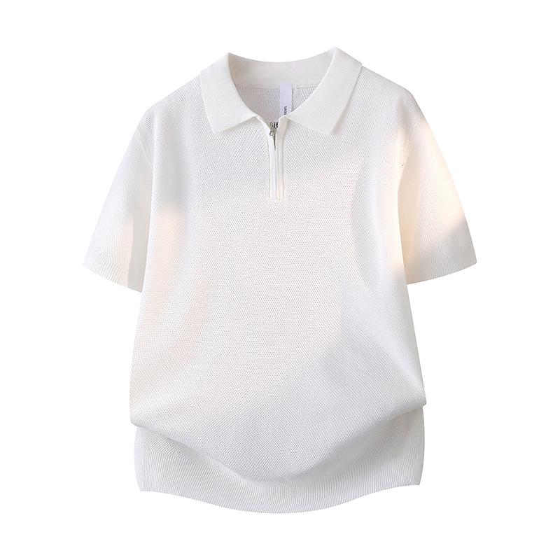 Solid Color Half Zipper Lapel Ice Silk Knitted Sweater POLO Shirt Men's Breathable Thin Short Sleeved T-shirt