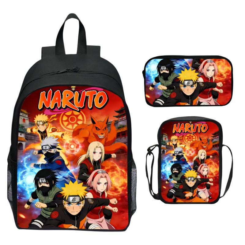 Set Zaino Anime Naruto 3 Pezzi Zaino Scuola Elementare Cartone Animato Stampato Leggero Multitasche