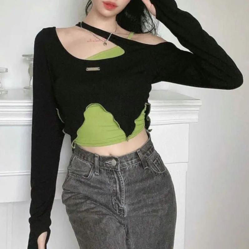 Zelený Color Blocking Top Slim Tričko Sexy Čistá Touha Y2k Streetwear Dámský Krátký Top Dlouhý Rukáv Nepravidelný Výstřih Falešné Dva Kusy Jaro Léto