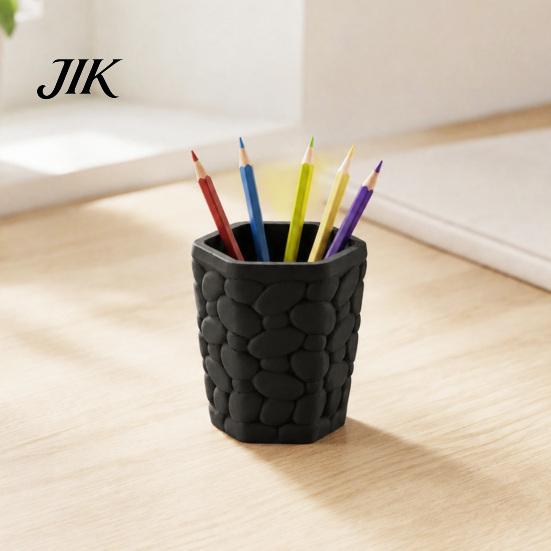 Unique Pebble Texture Storage Pen Holder, Hexagonal Desktop Organizer, Stable Anti-Tip 3D Large Capacity Organizer Printed PLA Cup for Office Supplies