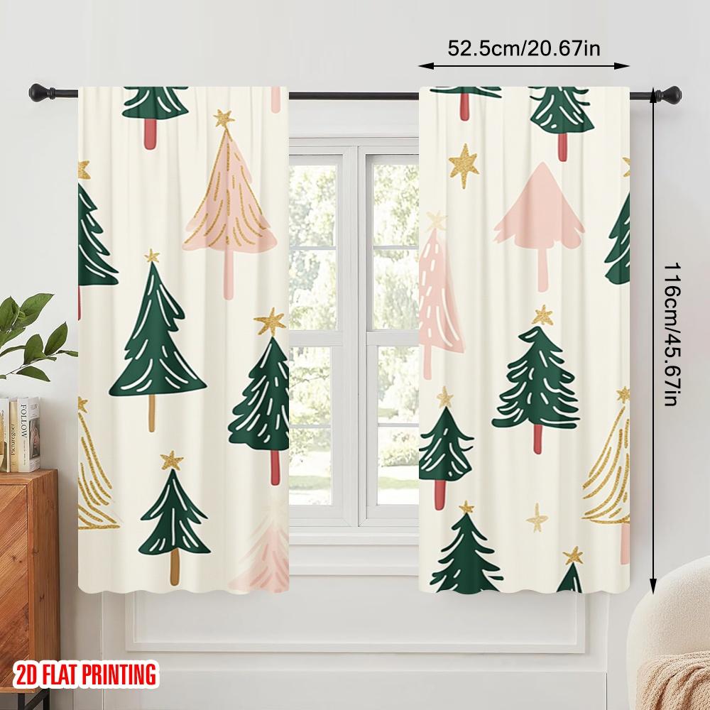 2pcs,2D Plane Printing Popular Curtain Panels Christmas Trees Festive Holiday (2) 100% Polyester (without Rod) Room Decor for