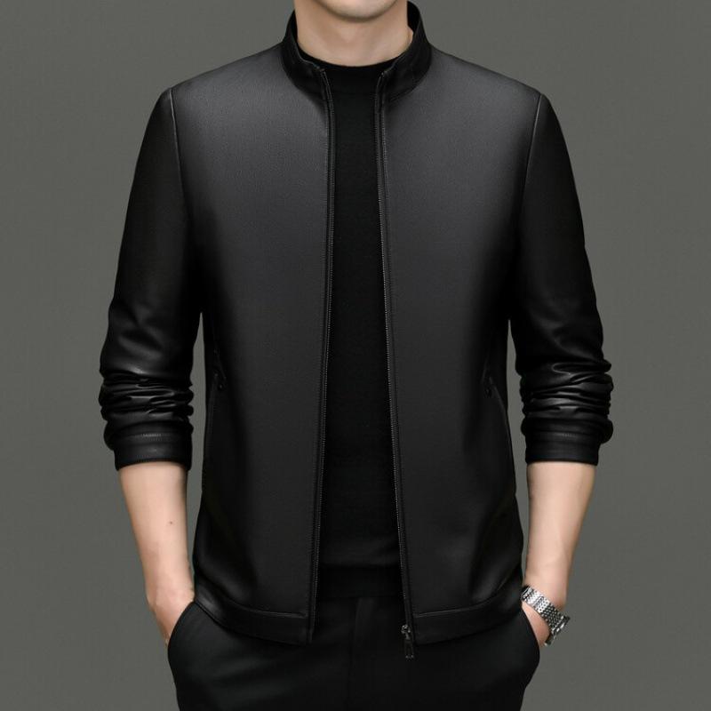 Leather Jacket Middle-aged Men's Loose Stand-up Collar Motorcycle Jacket Autumn and Winter New Business Casual Leather Jacket for Men
