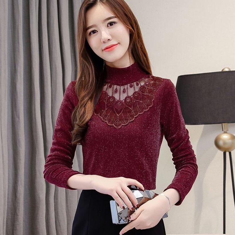 Women Bottom Lace Mesh Diamonds Blouse Autumn Winter Slender Warm Long Sleeves Shirt Elegant Vintage Solid Hollow Out Tops