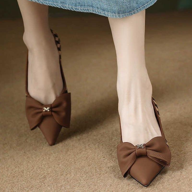 Women's Fashion Chic Plaid Glod Metal Flats Shoes New Low Heel Women Bow Knot Toe Pointed Toes Slip on Shoe Female Party Dress