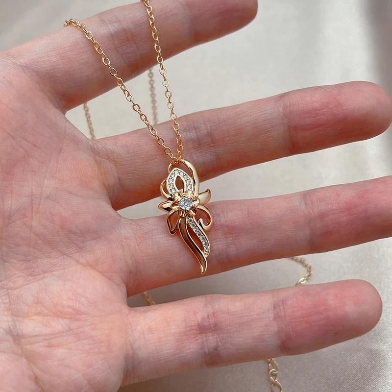 Luxury  Rose Gold Color Crystal Flower Pendant Necklace For Women Shiny Natural Zircon Accessories Daily Fine Jewelry
