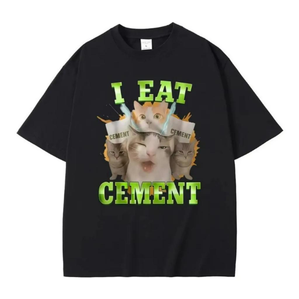 Ik Eet Cement Grappige Kat Meme T-shirt Dom Lelijke Katten Geprinte T-shirts Mannen Vrouwen Casual Vintage Oversized Korte Mouw T-shirts