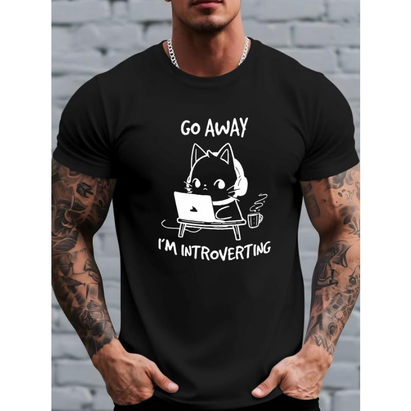 European Size Humorous Cartoon Cat Letter Pattern Print T-Shirt for Men, a Comfortable And Breathable Short-Sleeve Top for Casual Summer Outdoor