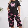 Belted Print Pajama Set with Short-sleeved Pants and Knee-length Shorts, Made of Milk Silk, Suitable for Home Wear.