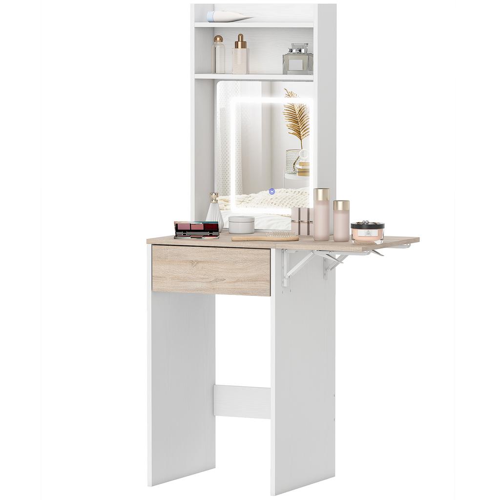 Small Vanity Desk with Mirror and LED Lights, Compact Dressing Table with Drop Leaf, Open Shelves and Drawer, White