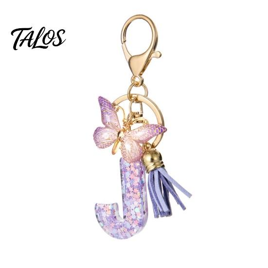 Talos Purple Series Keychain Pendant, Sequins Star Initial Letter Charm Key Chain with Butterfly Tassel Design, A-Z Holder for Bag Purse Backpack