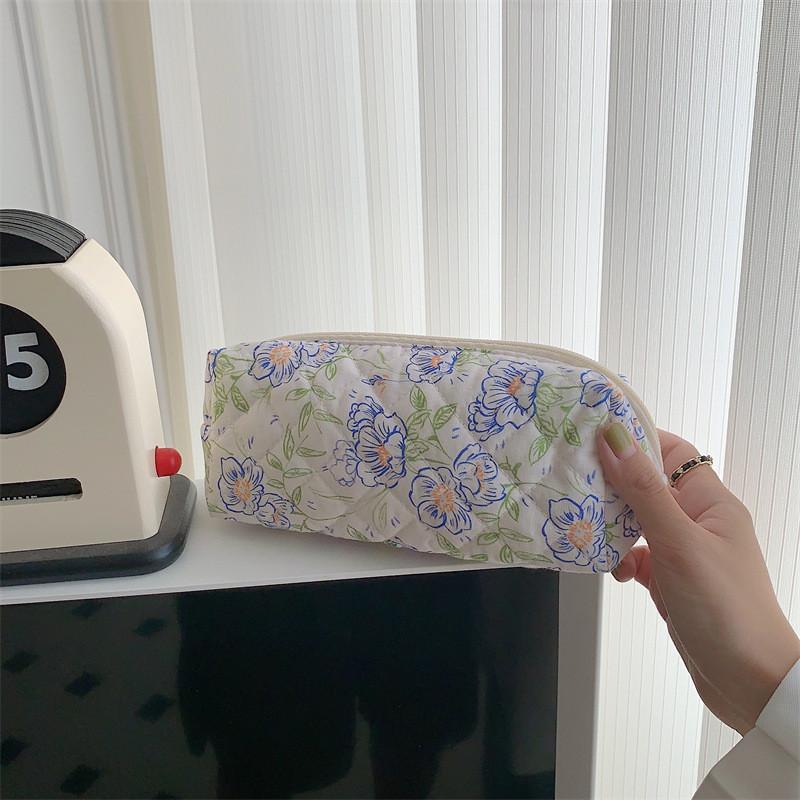 Trendy Flower Patterned Cotton Makeup Bag Stationery Pouch Large Capacity Brush Storage Pen Case