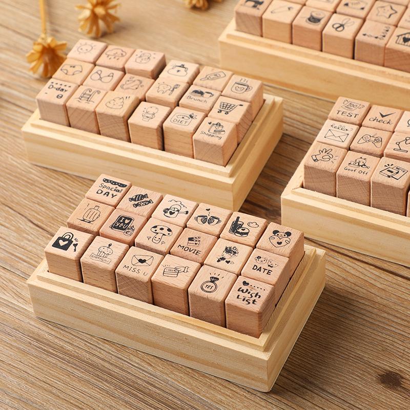 Exquisite Daily Life 18 Pieces Of Beech Wood Seal Set Diy Journal Decorative Materials Stamp Wooden Box Collage Stamp Gift