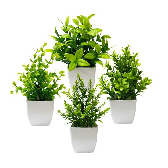 4 Stück Mini künstliche grüne Topfpflanzen, kleine Fake-Pflanzen mit Topf für Zuhause, Büro, Indoor, Tisch, Regal, Bauernhaus, Badezimmer Dekoration